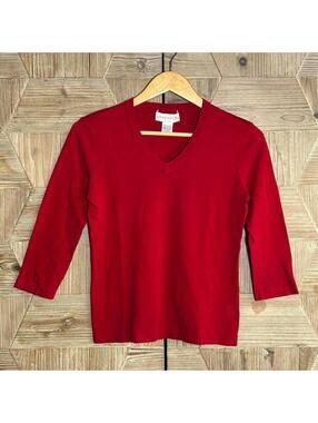Doncaster Bright Red V-Neck Knit Top 3/4 Sleeve Quiet Luxury Minimalist Small